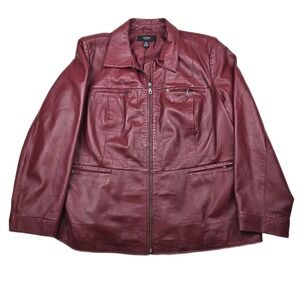 Alfani Leather Jacket Womens 3X Plus Burgundy Red Genuine Leather Full Zip Moto